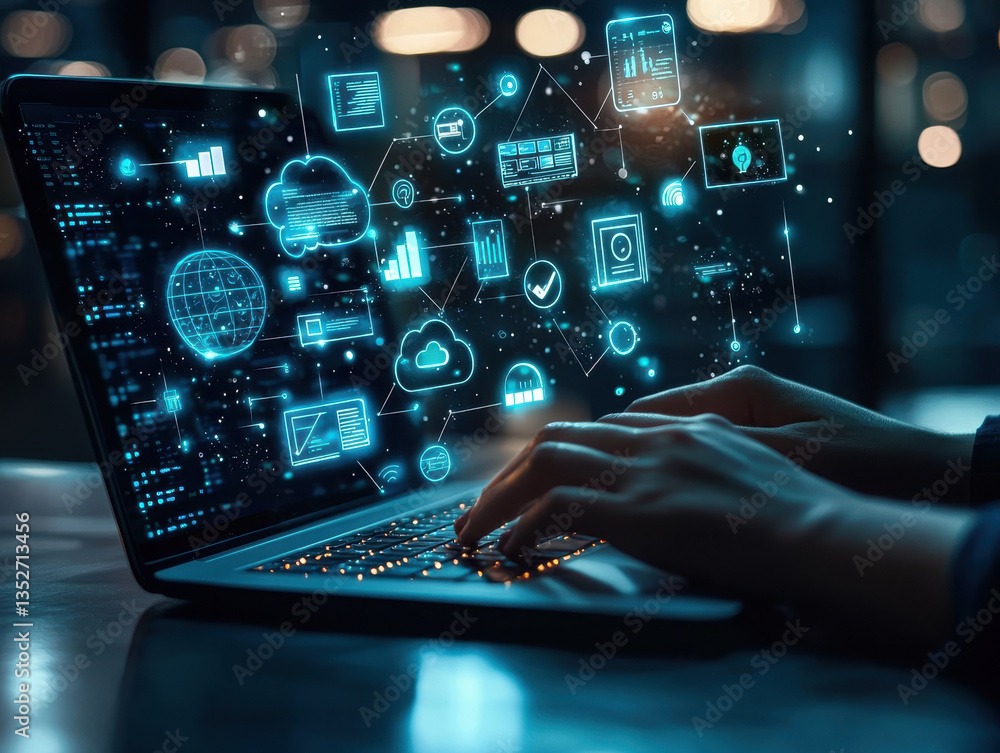 Aufkleber person typing on a sleek laptop with digital icons of cloud computing and data analytics