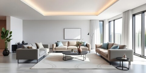 Sleek minimalist living room with large window, modern sofa, and stylish coffee table, chic, simple