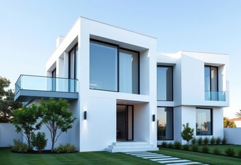 Sleek minimalist home exterior with geometric lines and large windows, geometric, shadow