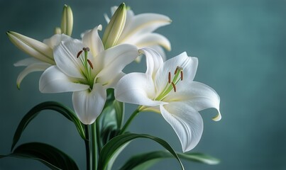 Fototapeta premium Beautiful White Lilies in a Serene Indoor Setting With Natural Light Illuminating the Flowers