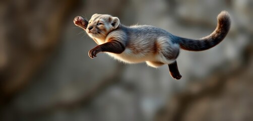 Sleek mink body arched, paws extended, airborne against blurred background, airborne, fur