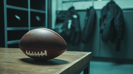 American football on wooden table in locker room with equipment in background.