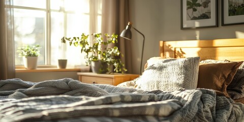 a cozy bed and a window with plants 