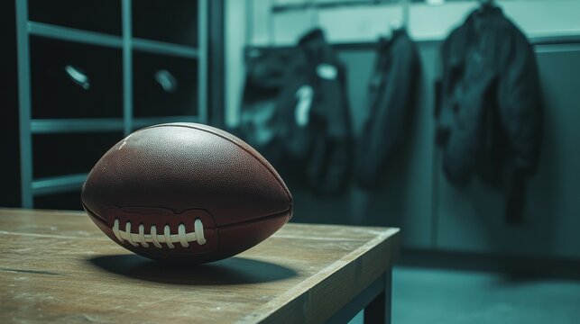 American football on wooden table in locker room with equipment in background. - Powered by Adobe