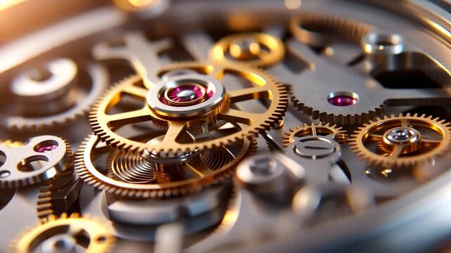 Intricate close-up of a mechanical watch movement showcasing gears and jewels - Powered by Adobe