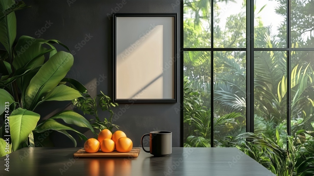 Poster bright indoor setting with empty frame and fruits on a table in a lush green environment