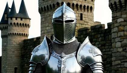 A medieval knight's armor and helmet standing in front of a stone castle wall.