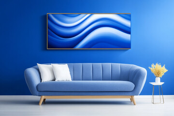 A serene and modern studio photograph showcasing a beautifully designed bedroom featuring elegant blue walls, a plush couch, and stylish decor that exudes calmness and tranquility.