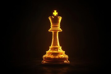 Illuminated golden chess king piece positioned on a dark surface