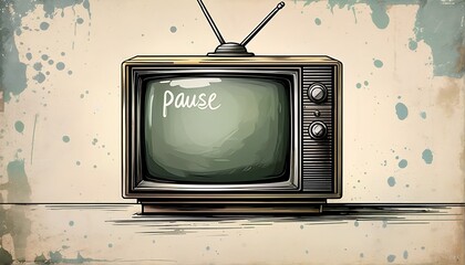 A vintage-style illustration of two retro televisions on a speckled beige wall with a pause message.