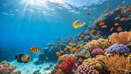 Naklejka premium Vibrant coral reef teeming with colorful fish underwater 
