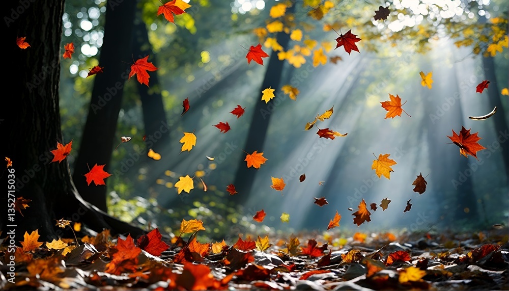 Poster sunlight streaming through trees in a forest during fall.