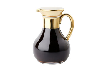 Elegant glass pitcher with golden lid and handle filled with dark liquid, cut out