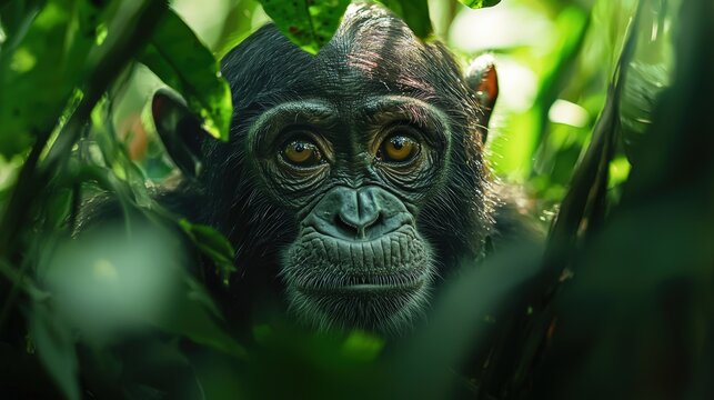 a chimpanzee looking at the camera from the jungle  - Powered by Adobe