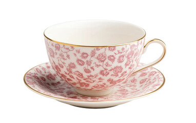 Elegant rose pattern teacup with matching saucer on white background, cut out