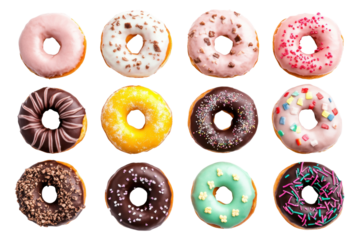Assorted colorful donuts with various toppings on black background, cut out