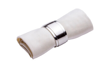 Elegant white cloth napkin in silver ring holder on black background, cut out