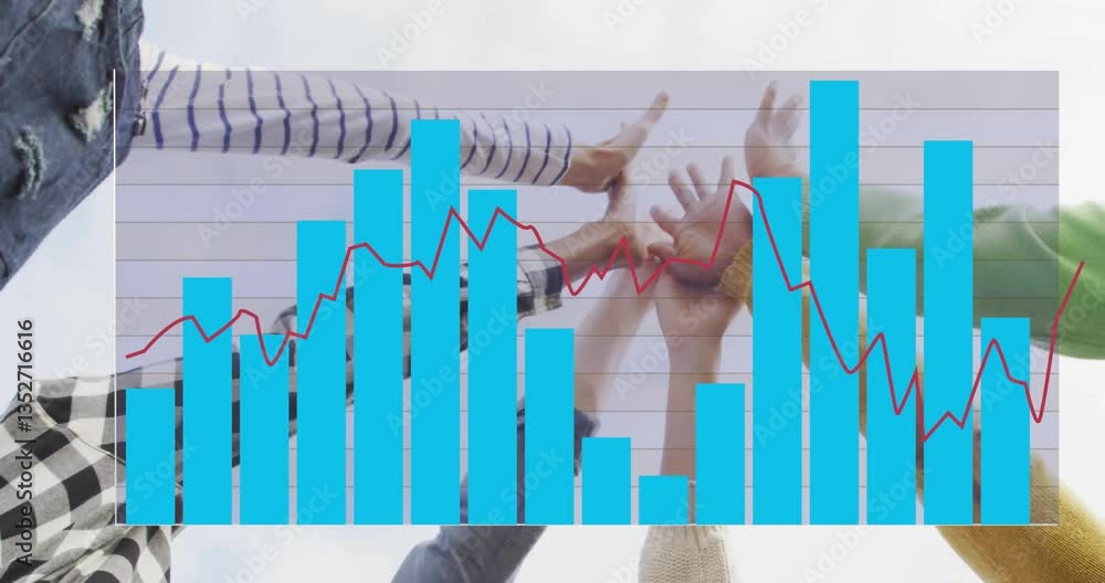 Poster hands high-fiving over blue bar graph and red line chart animation
