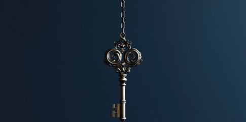 An ornate antique key hangs suspended from a metal chain