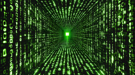 Digital green matrix tunnel with glowing binary code, representing cyber security and artificial intelligence