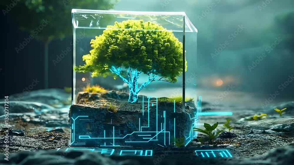 Poster futuristic tree encased in transparent tech cube