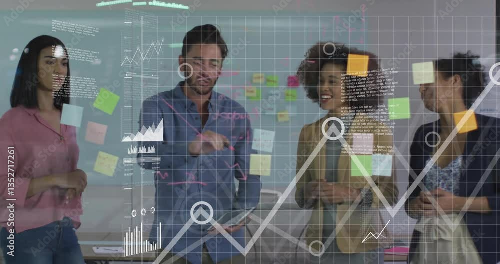 Poster collaborating on animation, diverse team in office working with data visualization
