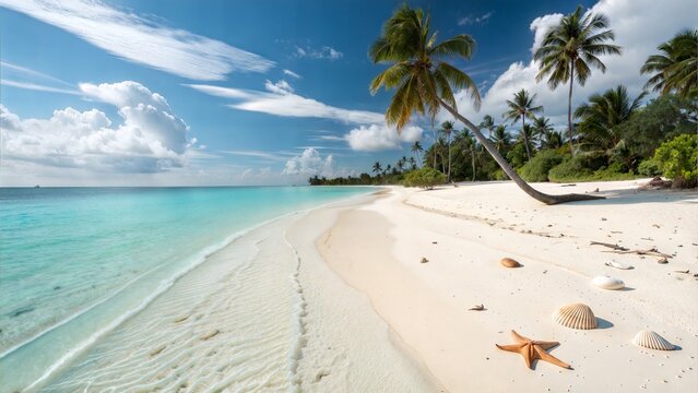 Tropical beach with turquoise water and white sand under blue sky, featuring seashells and palm trees in peaceful atmosphere, representing travel, relaxation and summer holidays