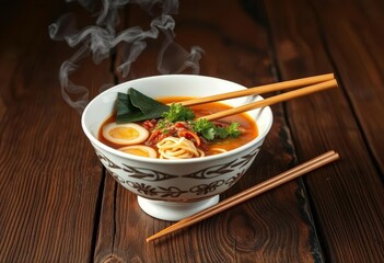 Steaming ramen bowl, chopsticks on rustic wood, hot,  spicy