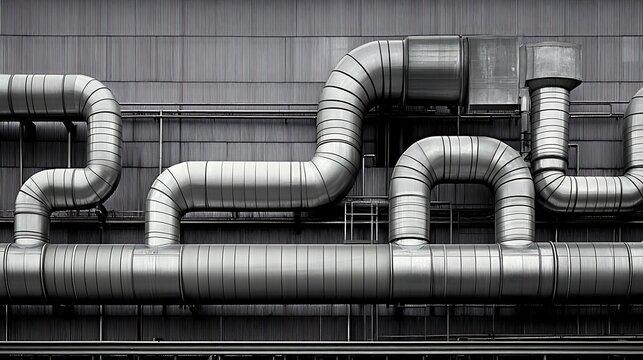 Metallic Pipes Forming Architectural Installations On A Building Exterior
