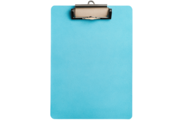 Blank blue clipboard with metal clip for writing and organizing, cut out
