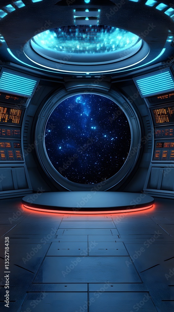 Poster a podium in a futuristic spaceship, with glowing control panels and deep-space background
