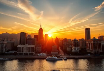 Obraz premium Stunning cityscape at sunset, reflecting golden light, city, city lights