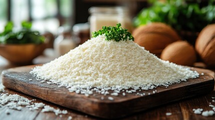 Pile of shredded coconut on wooden board