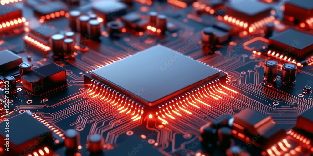 Poster a futuristic abstract concept of cybersecurity featuring intricate computer circuits and dynamic red