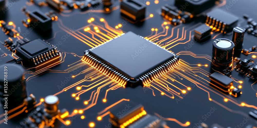 Poster a futuristic abstract concept of cybersecurity showcasing a complex circuitry filled with sophistica