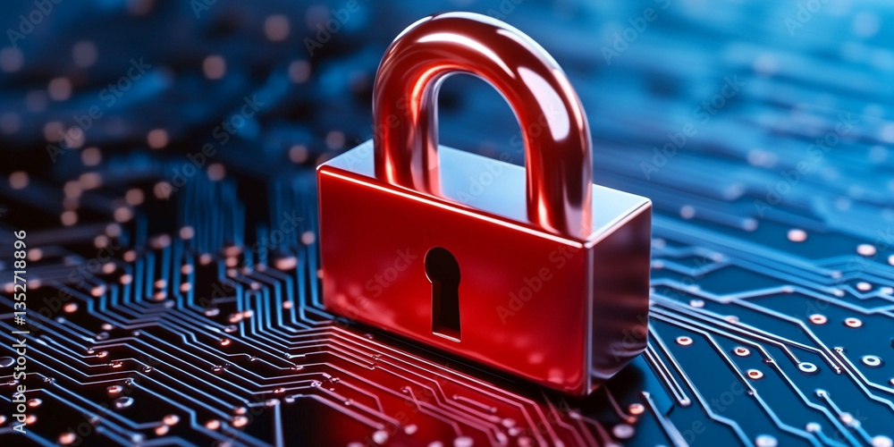 Poster a captivating visualization of digital security represented by a padlock on a circuit board surround