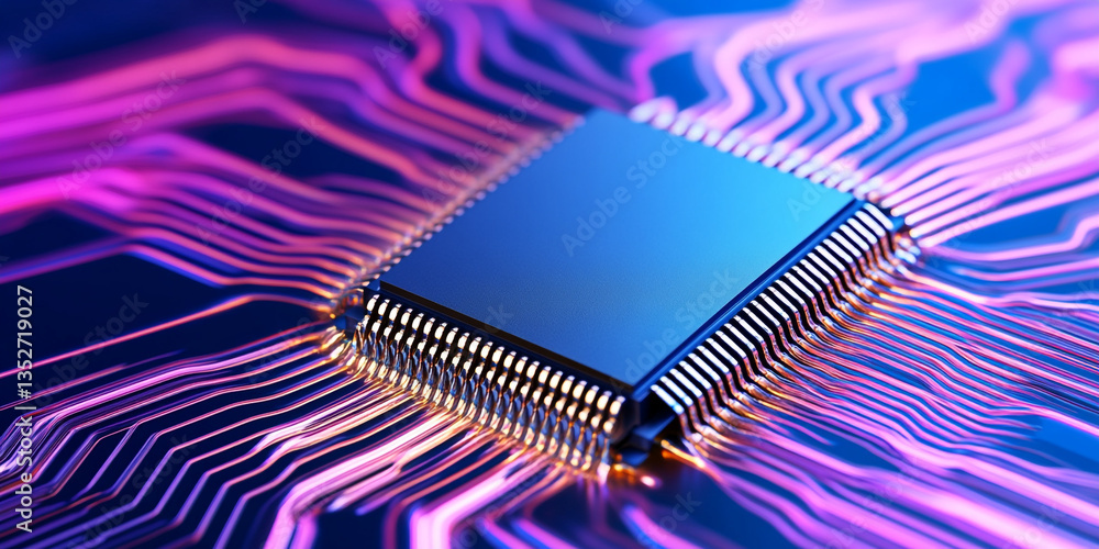 Fototapete A Surreal Abstract Image Featuring a Computer Chip Surrounded by Vivid Neon Light Patterns and Ethereal Shapes Evoking a Sense of Digital Dreamscape and Futuristic Technology