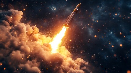 Spectacular rocket launch soaring through a cloud of fire into the dark expanse of space, a new beginning.