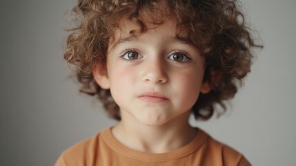 Naklejka premium Portrait of a cute, funny little boy with messy, curly hair, freckles.
