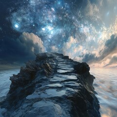 Starlit pathway leads to cosmic horizon over tranquil ocean waters at dusk