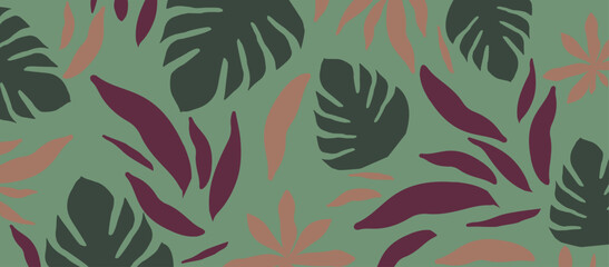 Cute botanical shapes pattern, random cutouts of tropical leaves and flowers, decorative abstract art vector illustration