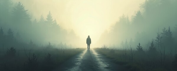 Solitary figure walking road through misty forest. Illustration life journey, choices, decisions, path to success. Person contemplates future direction, exploring uncertainty, searching for new