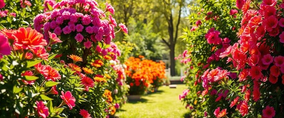 Sun-drenched garden with empty square frame, vibrant blooms, square, botany