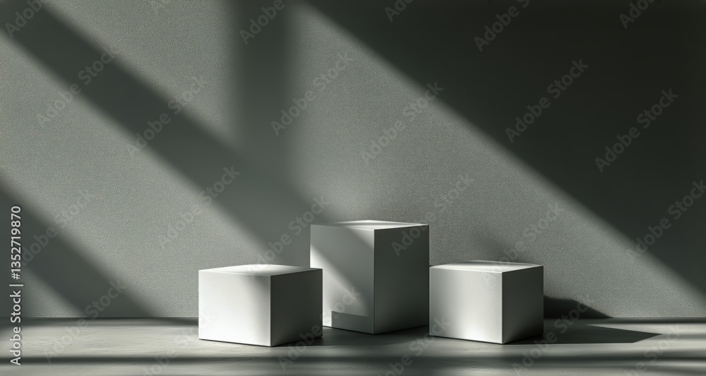 Poster three geometric blocks casting shadows in a minimalist room with soft light