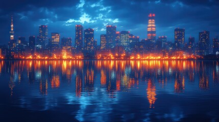 Fototapeta premium Vibrant city skyline at dusk with illuminated buildings reflecting on water