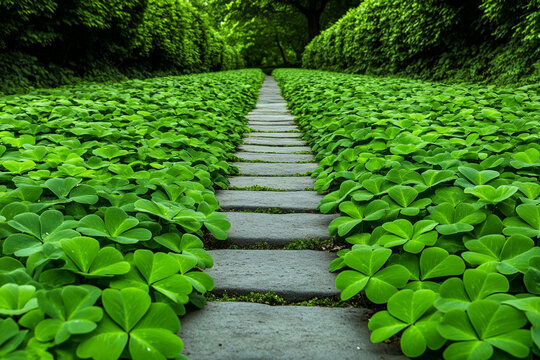 A Serene Walkway Framed by Lush Green Leaves and Golden Shamrocks, Inviting Wanderers into a Tranquil Natural Oasis of Growth and Life