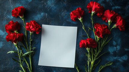 A beautiful display of red carnations and a blank note paper on a navy blue background, an ideal way to celebrate a special anniversary or express love.