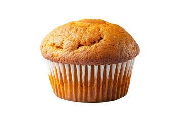 Golden pumpkin muffin with fluted wrapper on black background, cut out