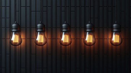 Industrial design of vintage style Edison filament lamps hanging on dark wall