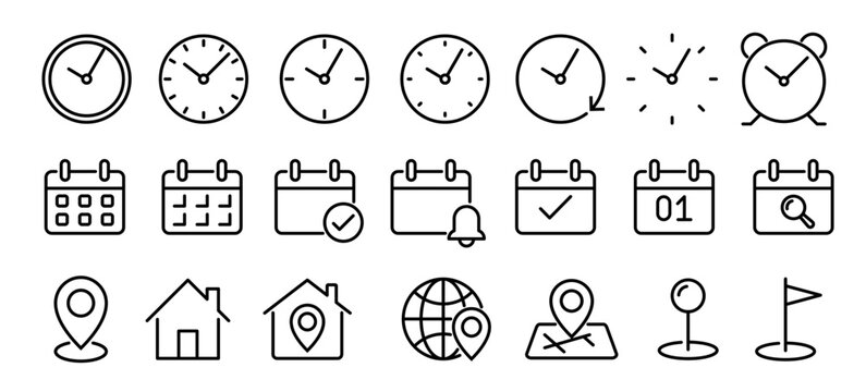 date, address, time line icon set. clock, calendar, location pin icons for delivery, meeting, address, time, date, target, office, planning, month, minute, navigation etc conceptual use. editable line